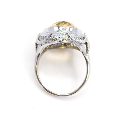 Art Deco Citrine Bezel Filigree Ring in 14K White Gold