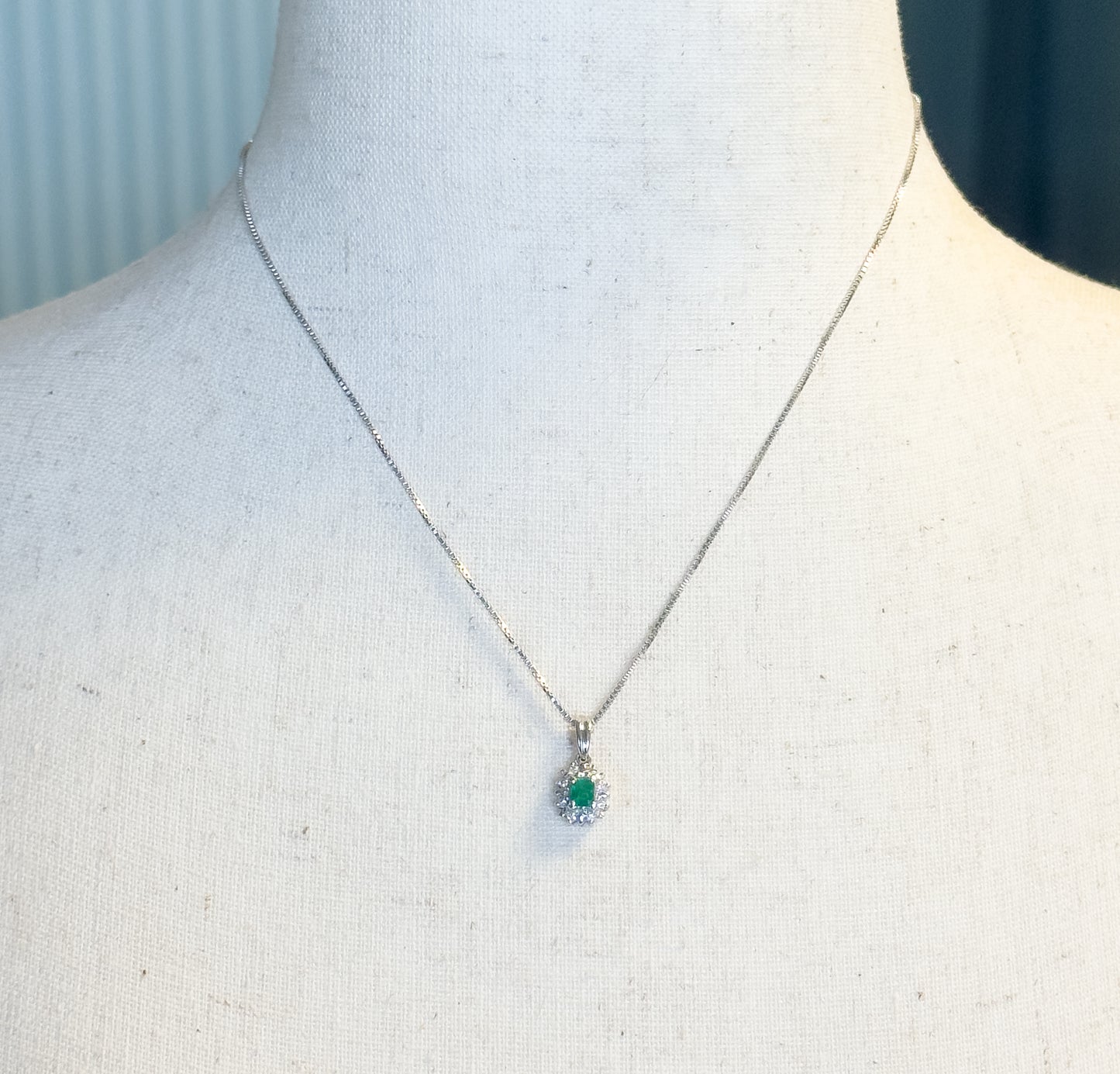 Petite Emerald & Diamond Halo Pendant in Platinum