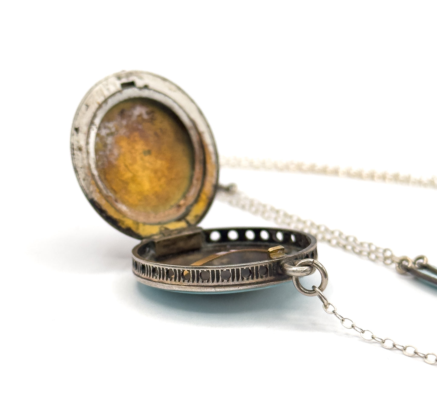 Edwardian Enamel Station Viniagrette Locket Y Drop Necklace in Sterling Silver