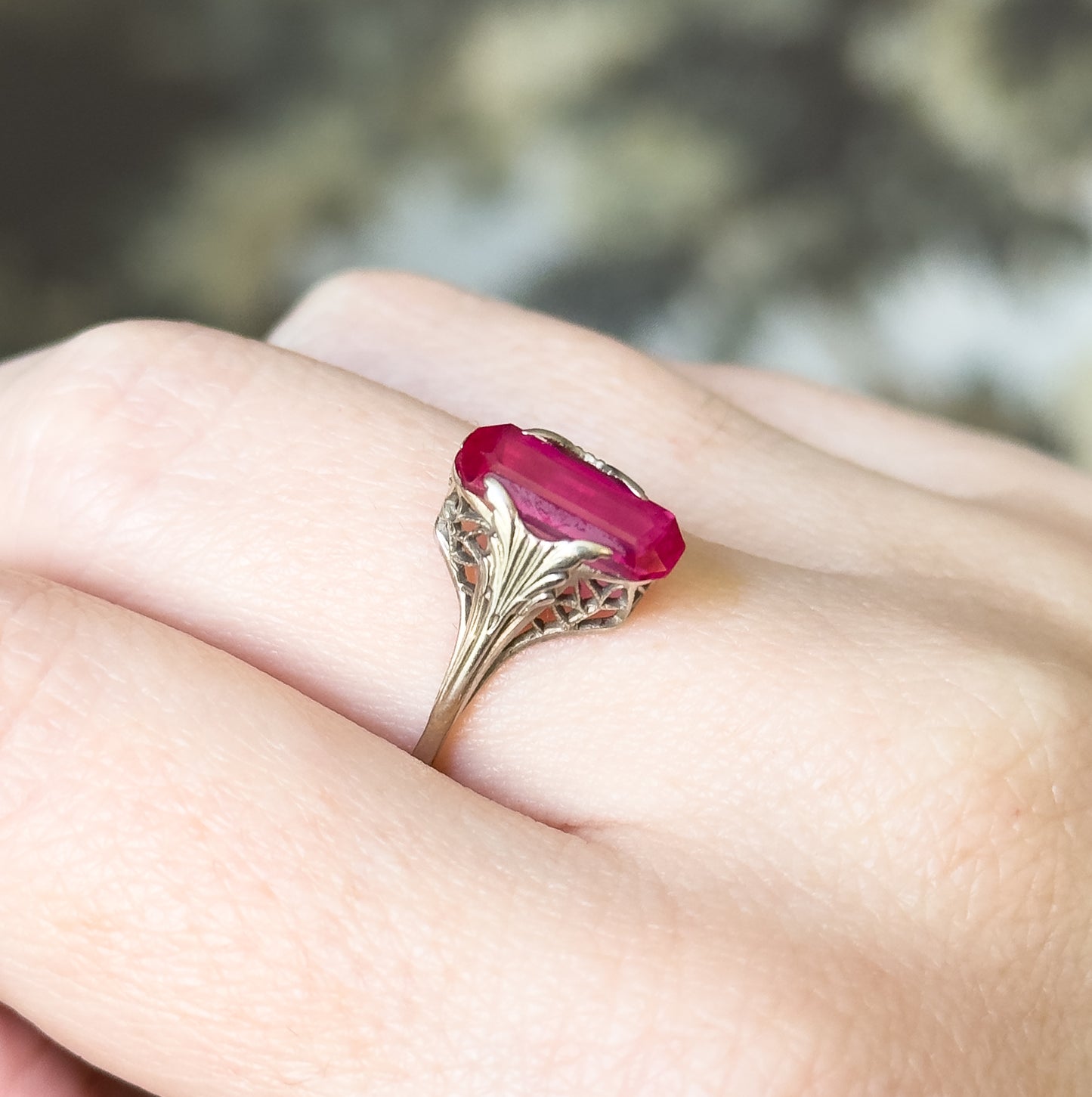 Art Deco Lab-Created Ruby Ring in 14K White Gold