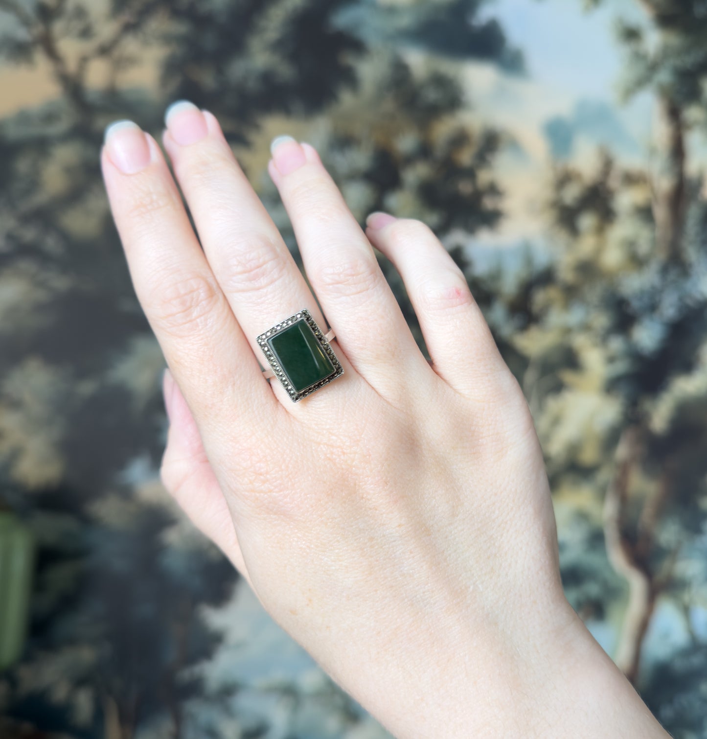 Vintage Nephrite Jade & Marcasite Halo Ring in Sterling Silver