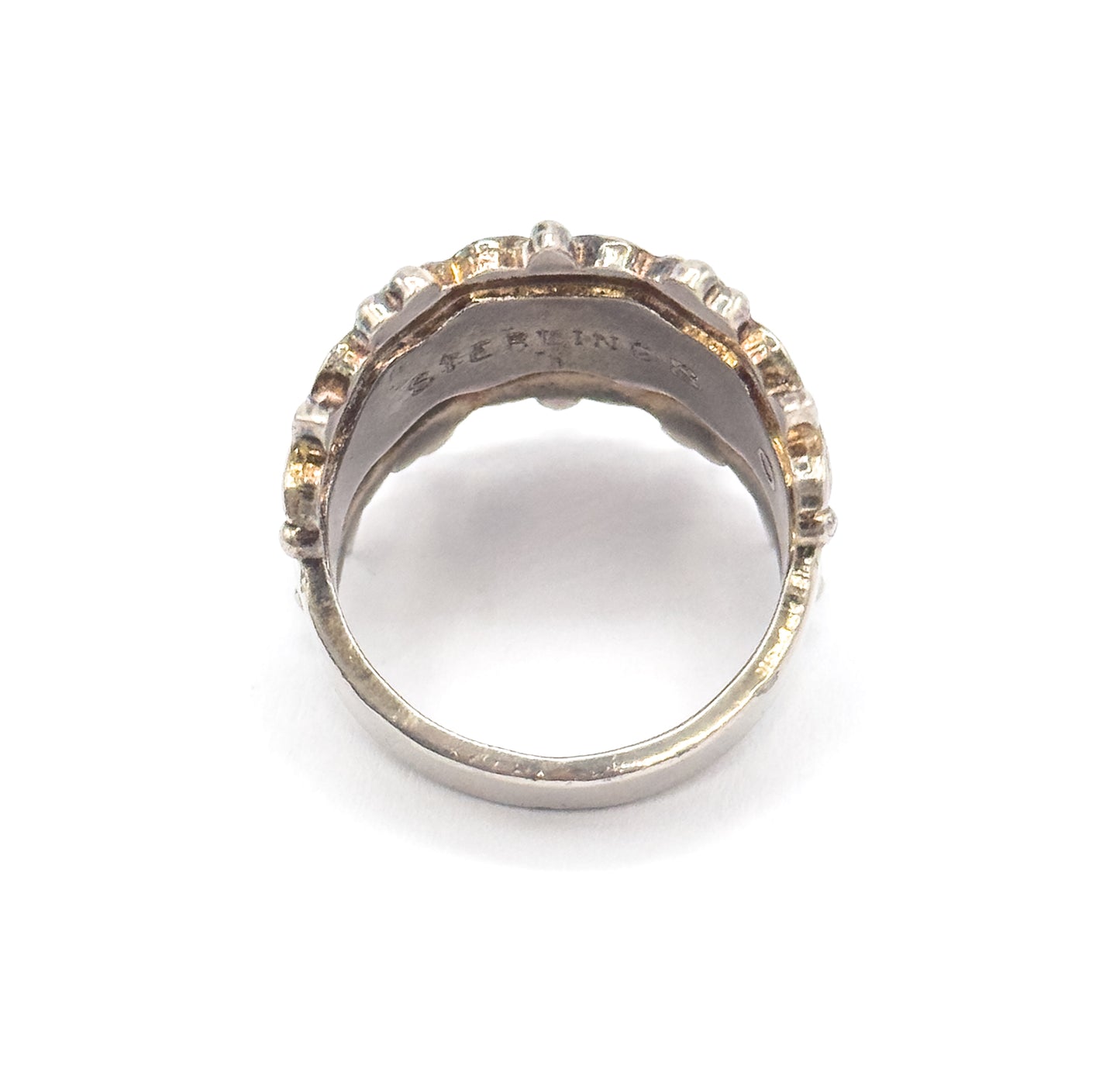 Mid-Century Floral Enamel Cigar Band Ring in Sterling Silver