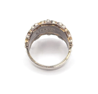 Mid-Century Floral Enamel Cigar Band Ring in Sterling Silver