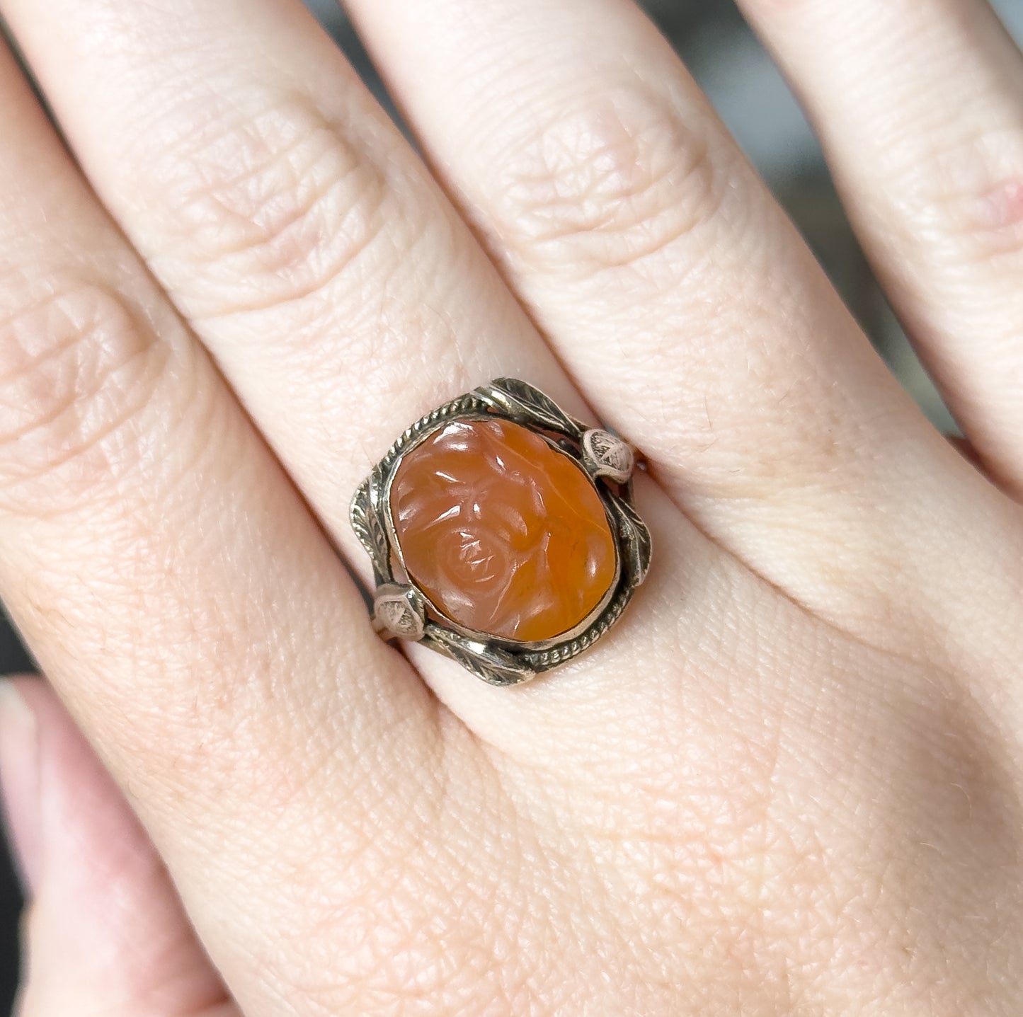 Art Nouveau Carved Hardstone Leaf Ring in Sterling Silver