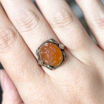 Art Nouveau Carved Hardstone Leaf Ring in Sterling Silver