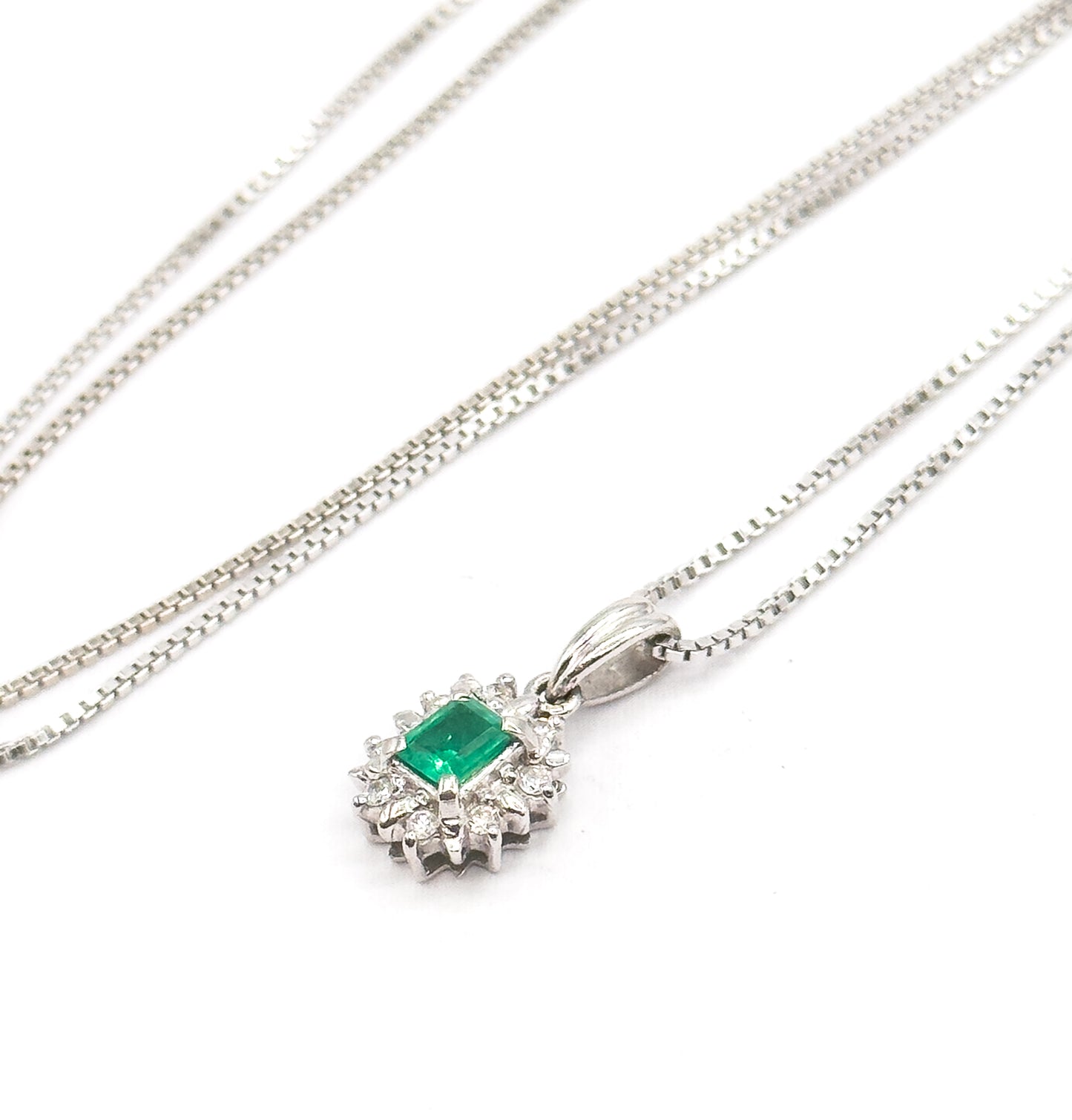 Petite Emerald & Diamond Halo Pendant in Platinum