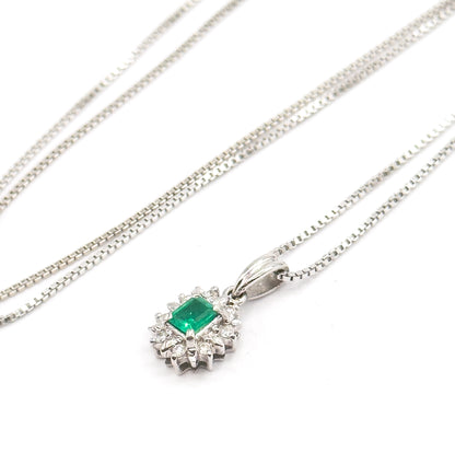 Petite Emerald & Diamond Halo Pendant in Platinum