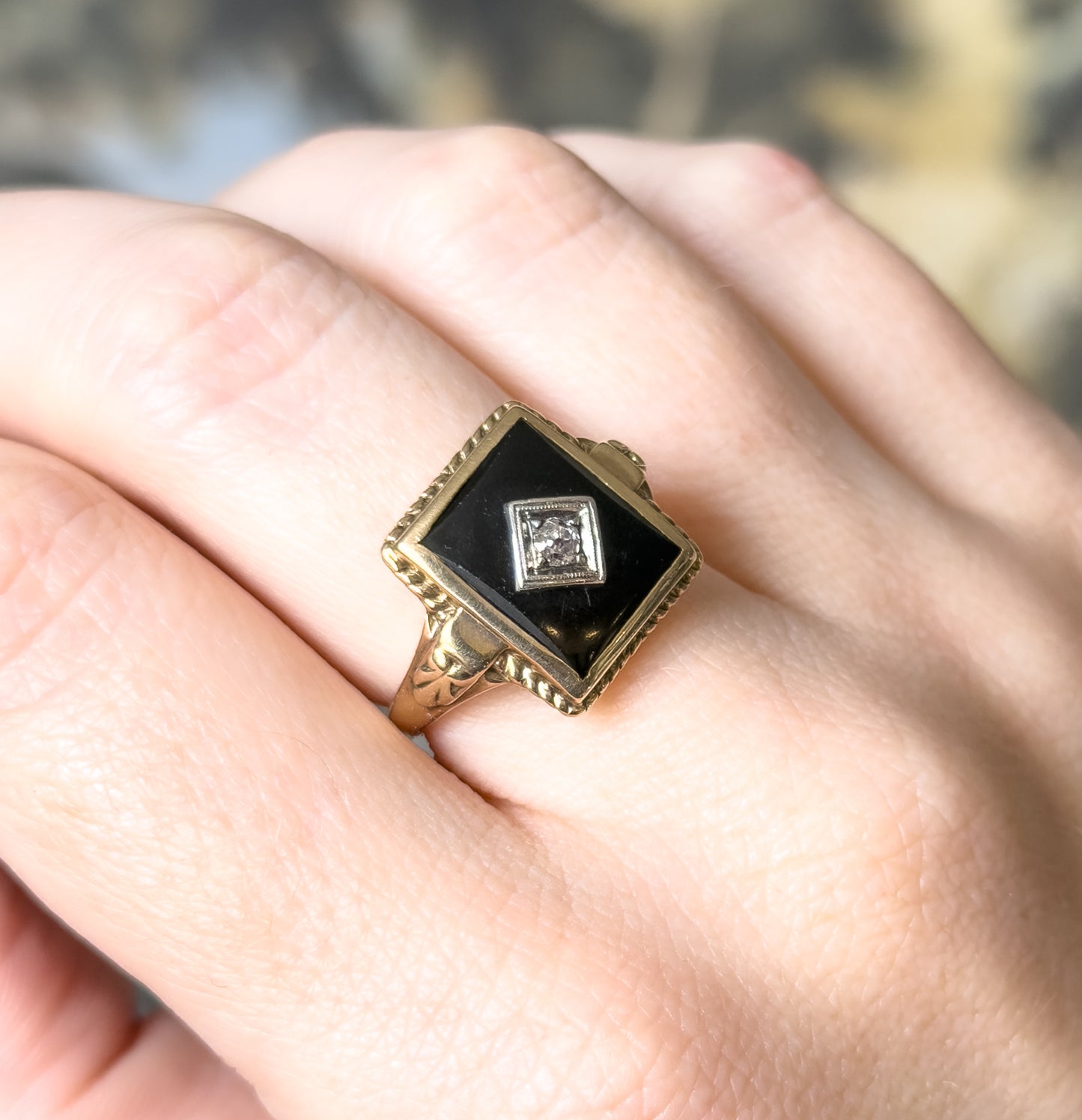 Art Deco Onyx & Old Mine Diamond Ring in 10K Gold