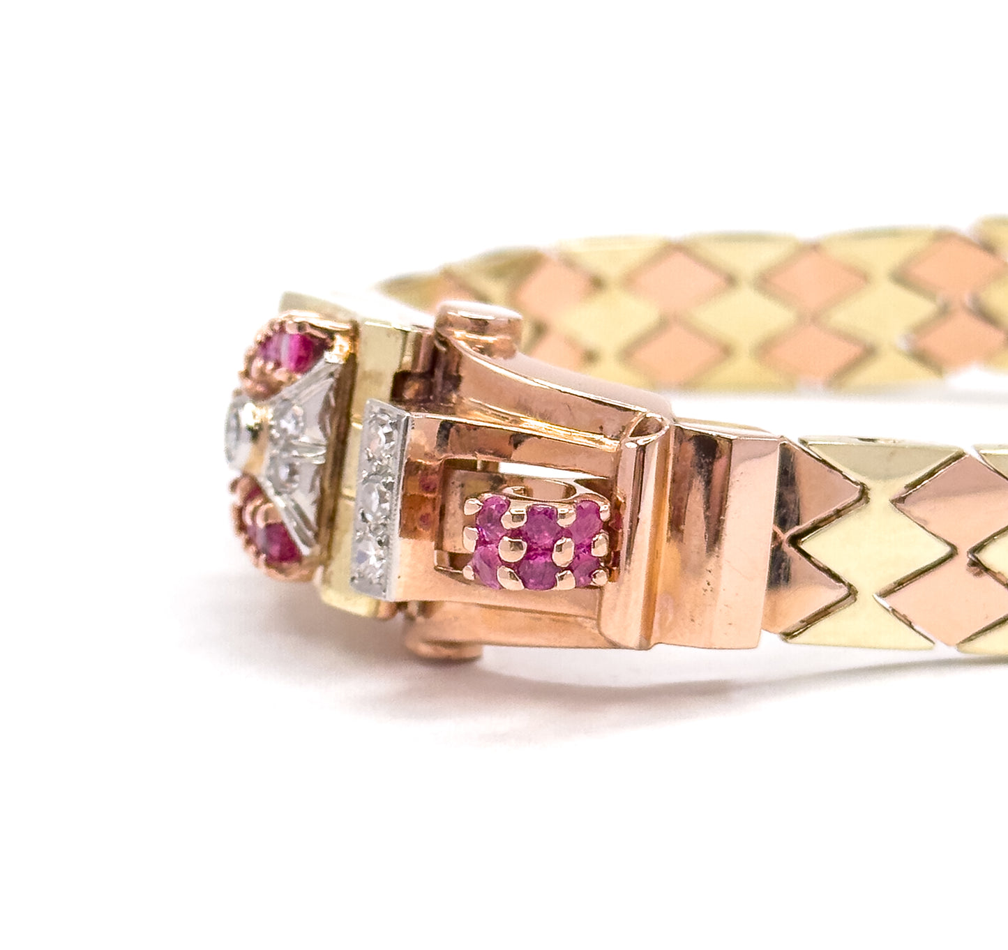 1940s Retro Era Ruby & Diamond Watch Case Bracelet in Rose & Yellow Gold
