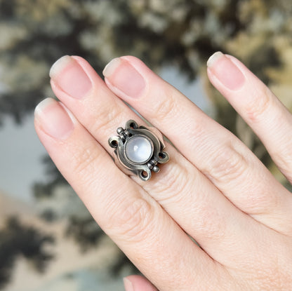 Arts & Crafts Moonstone Cabochon Ring in Sterling Silver