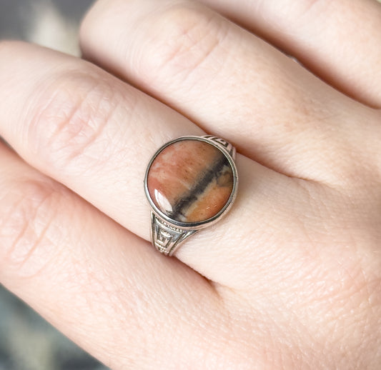 Antique Pink Stone Ring with Greek Key Motif in Silver