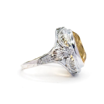 Art Deco Citrine Bezel Filigree Ring in 14K White Gold