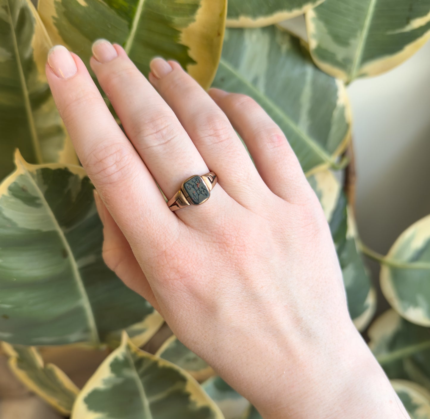 Victorian Bloodstone Signet Ring "H" in Rose Gold