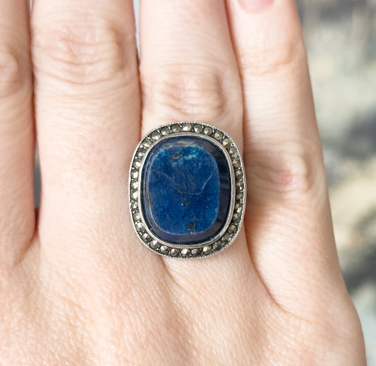Art Deco German Blue lapis Statement Ring with Marcasite Halo in Silver