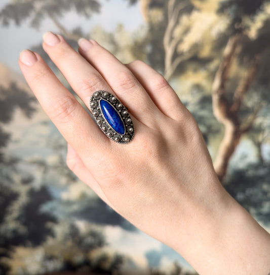 EPIC Vintage Blue Glass Navette Ring in Silver