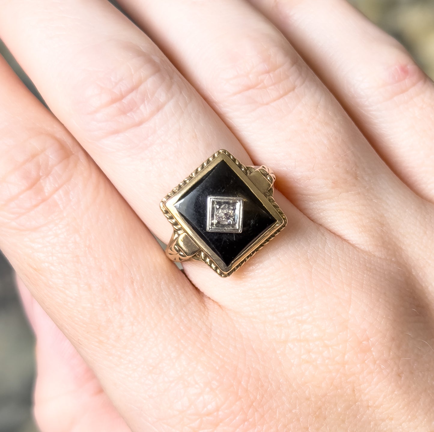 Art Deco Onyx & Old Mine Diamond Ring in 10K Gold