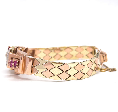 1940s Retro Era Ruby & Diamond Watch Case Bracelet in Rose & Yellow Gold