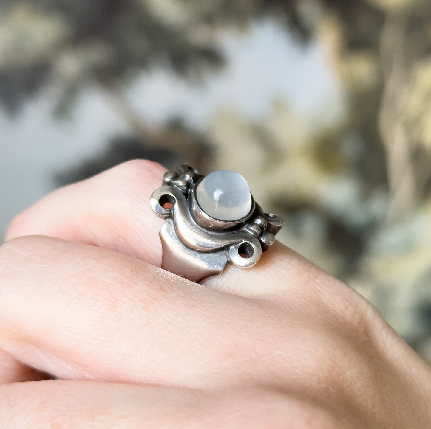 Arts & Crafts Moonstone Cabochon Ring in Sterling Silver