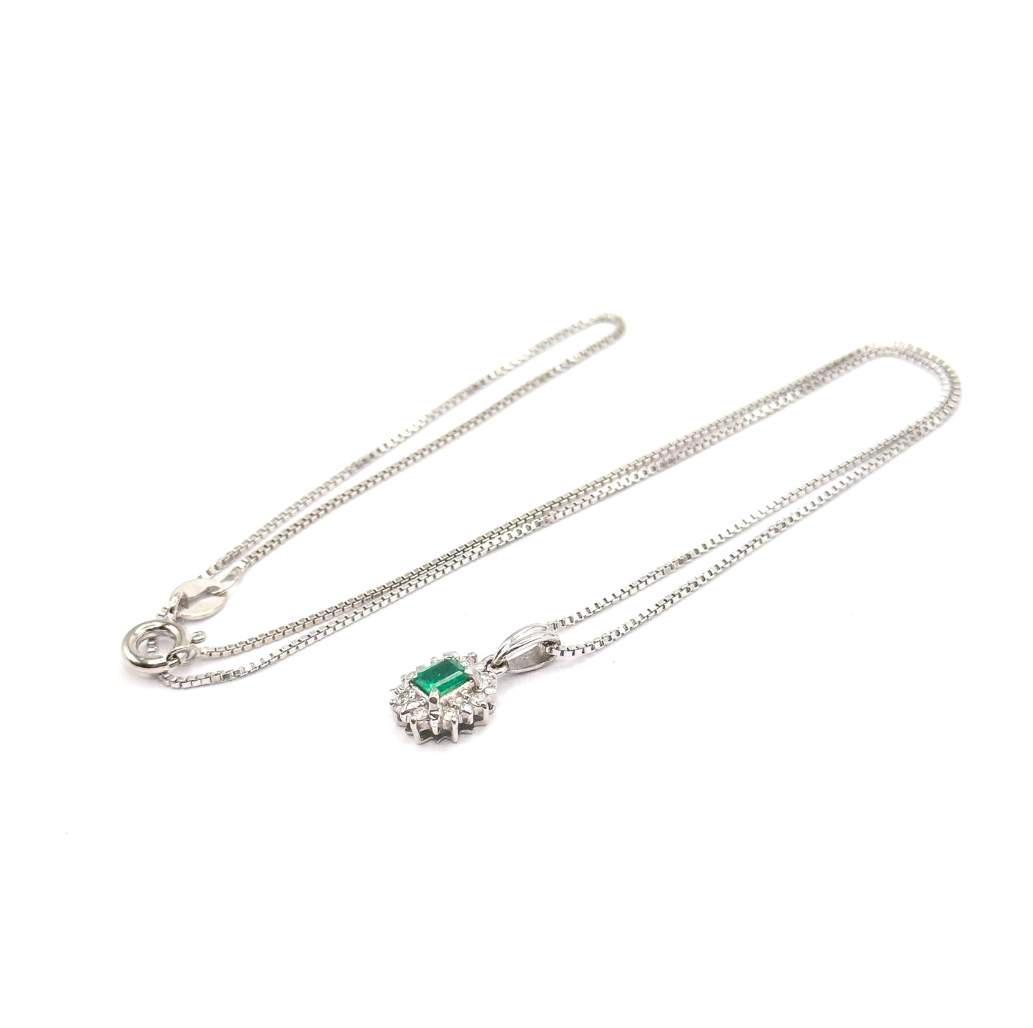 Petite Emerald & Diamond Halo Pendant in Platinum
