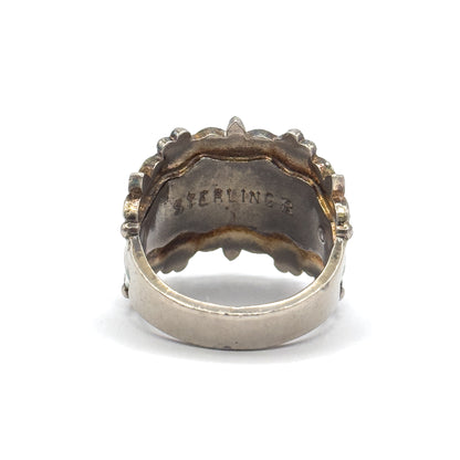Mid-Century Floral Enamel Cigar Band Ring in Sterling Silver