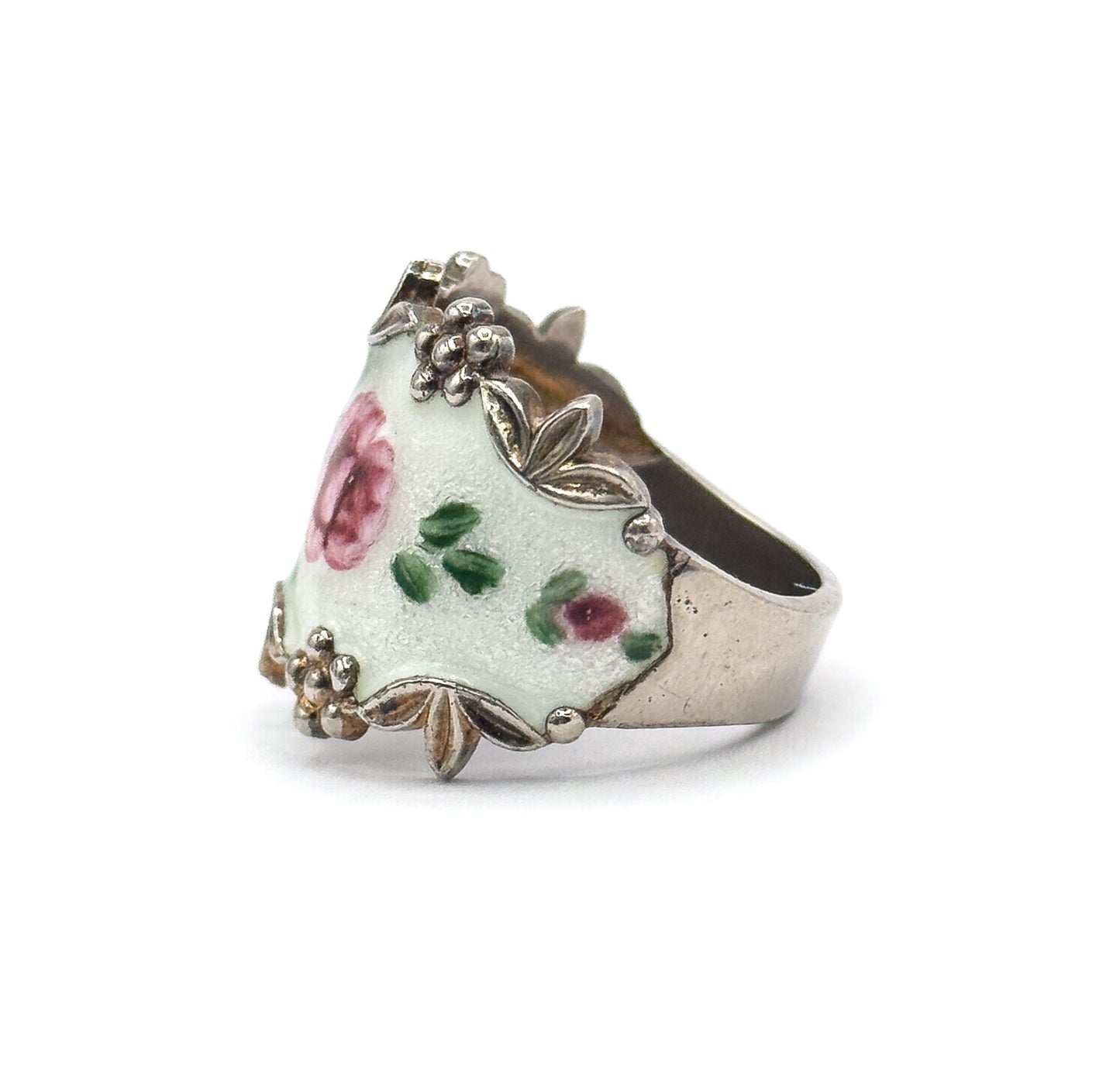 Mid-Century Floral Enamel Cigar Band Ring in Sterling Silver