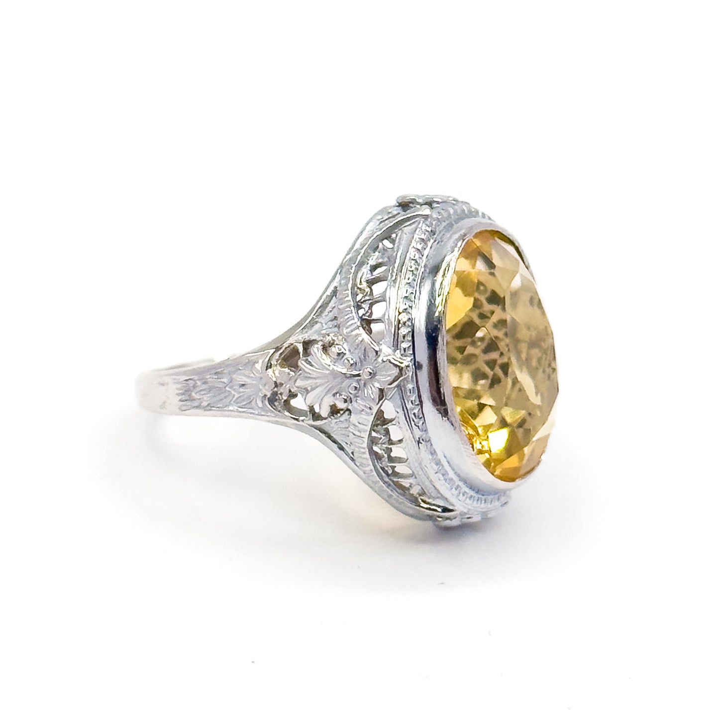 Art Deco Citrine Bezel Filigree Ring in 14K White Gold