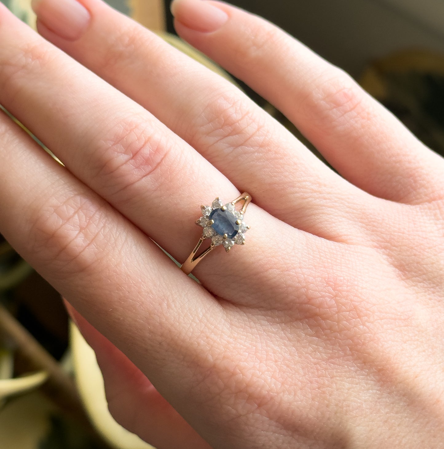 Vintage Oval Sapphire Ring with Synthetic Gem Halo in 10K Gold