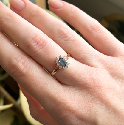 Vintage Oval Sapphire Ring with Synthetic Gem Halo in 10K Gold