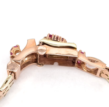 1940s Retro Era Ruby & Diamond Watch Case Bracelet in Rose & Yellow Gold