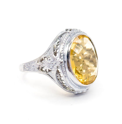 Art Deco Citrine Bezel Filigree Ring in 14K White Gold