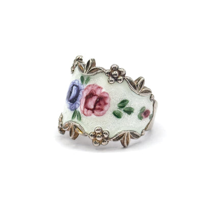 Mid-Century Floral Enamel Cigar Band Ring in Sterling Silver