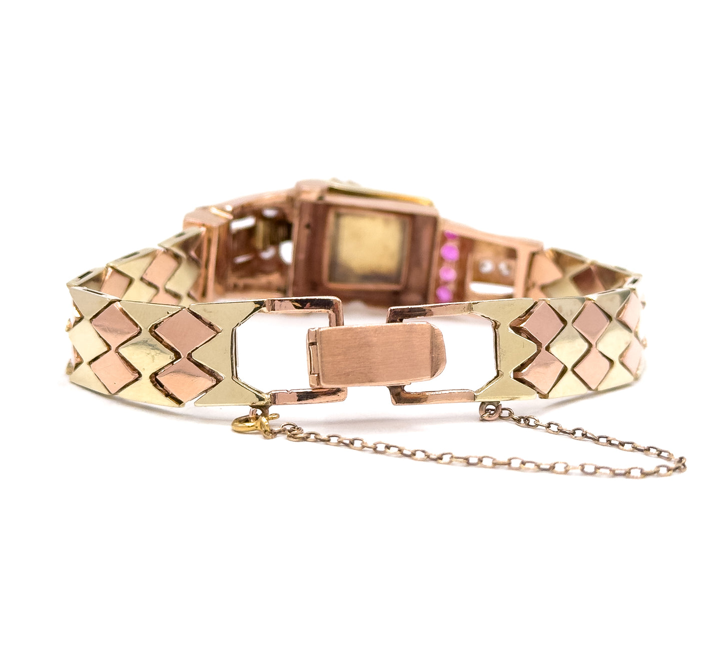 1940s Retro Era Ruby & Diamond Watch Case Bracelet in Rose & Yellow Gold