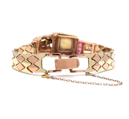 1940s Retro Era Ruby & Diamond Watch Case Bracelet in Rose & Yellow Gold
