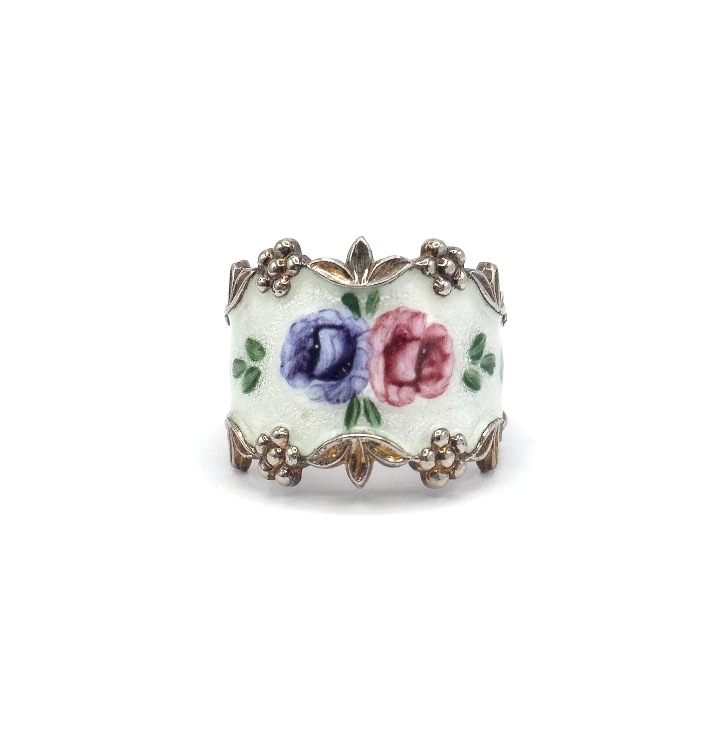 Mid-Century Floral Enamel Cigar Band Ring in Sterling Silver
