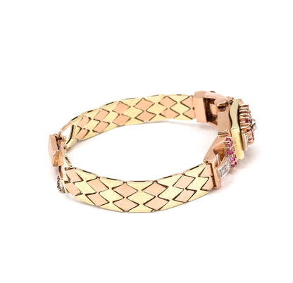 1940s Retro Era Ruby & Diamond Watch Case Bracelet in Rose & Yellow Gold