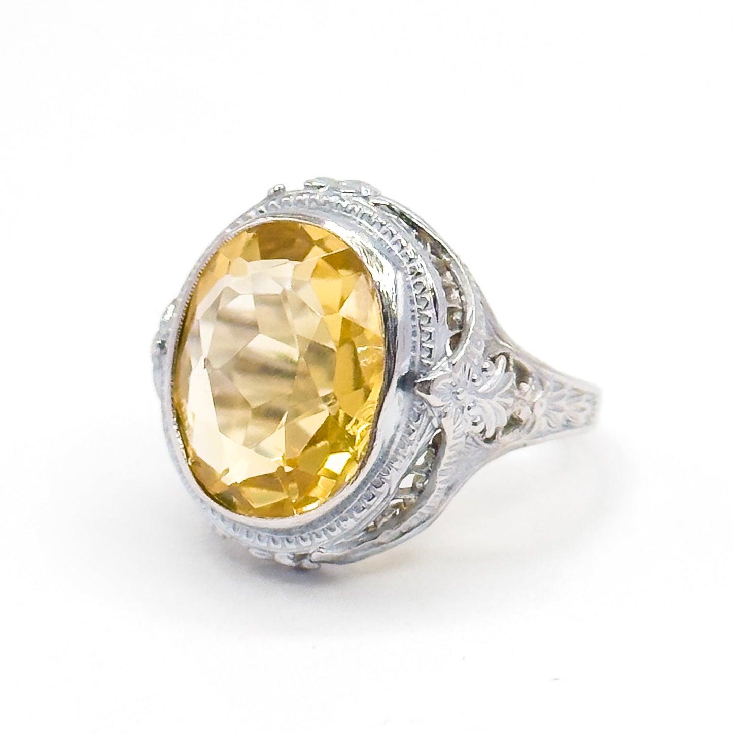 Art Deco Citrine Bezel Filigree Ring in 14K White Gold