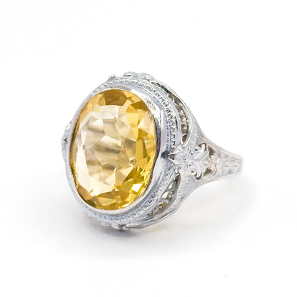 Art Deco Citrine Bezel Filigree Ring in 14K White Gold