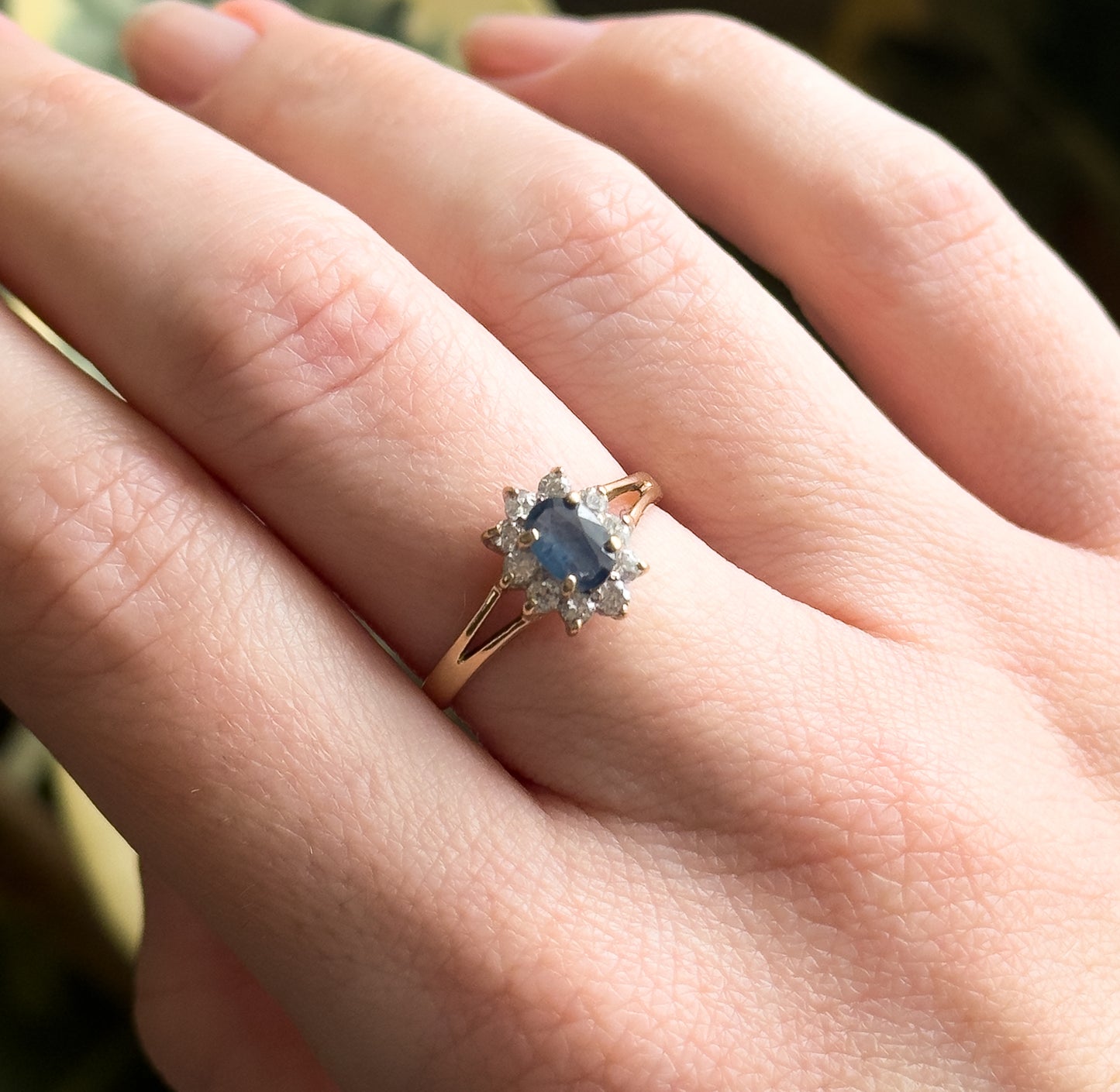 Vintage Oval Sapphire Ring with Synthetic Gem Halo in 10K Gold
