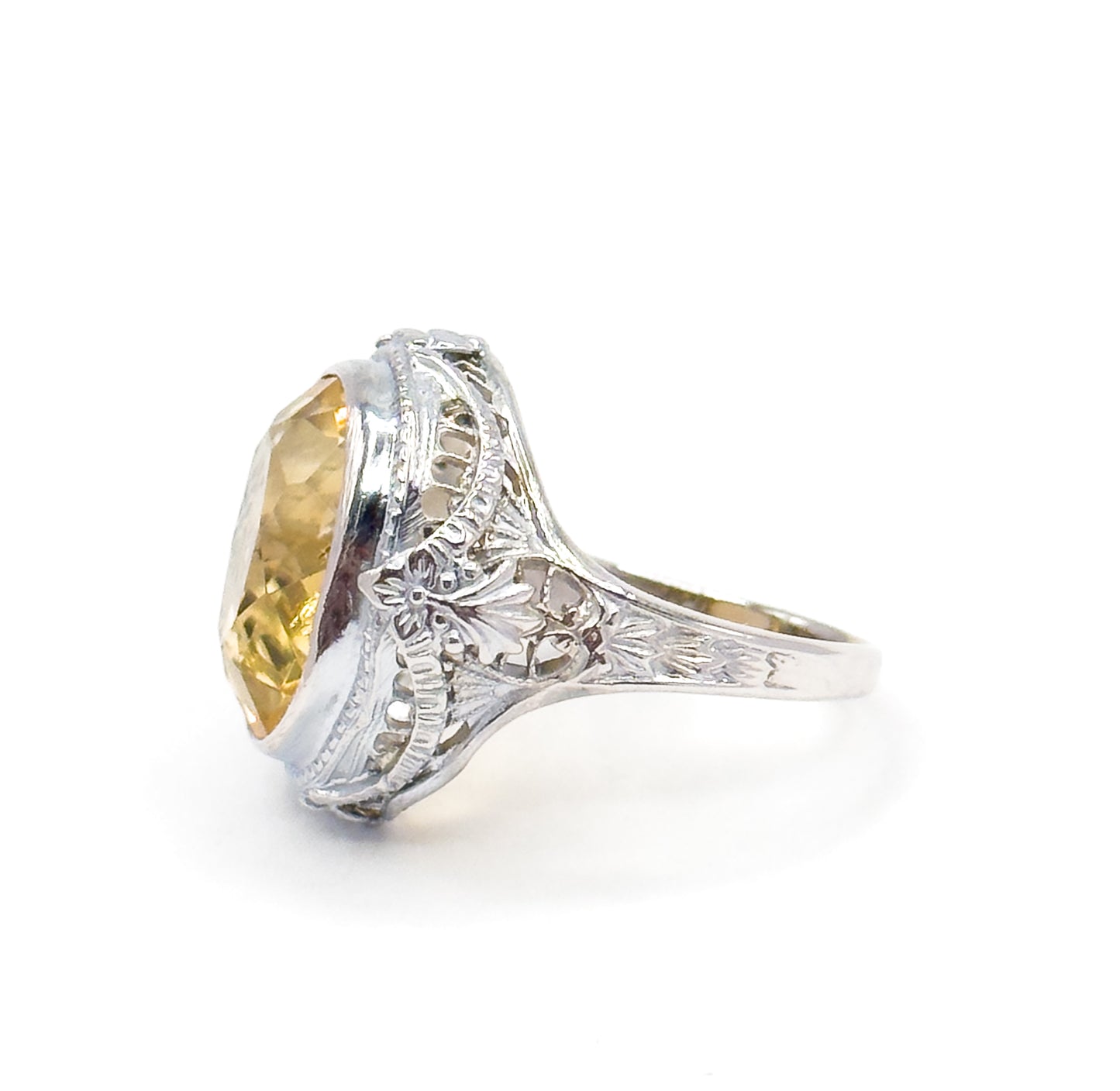 Art Deco Citrine Bezel Filigree Ring in 14K White Gold