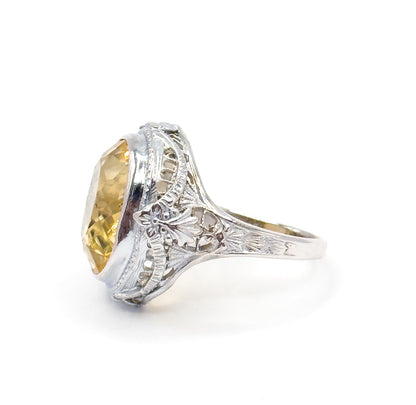 Art Deco Citrine Bezel Filigree Ring in 14K White Gold