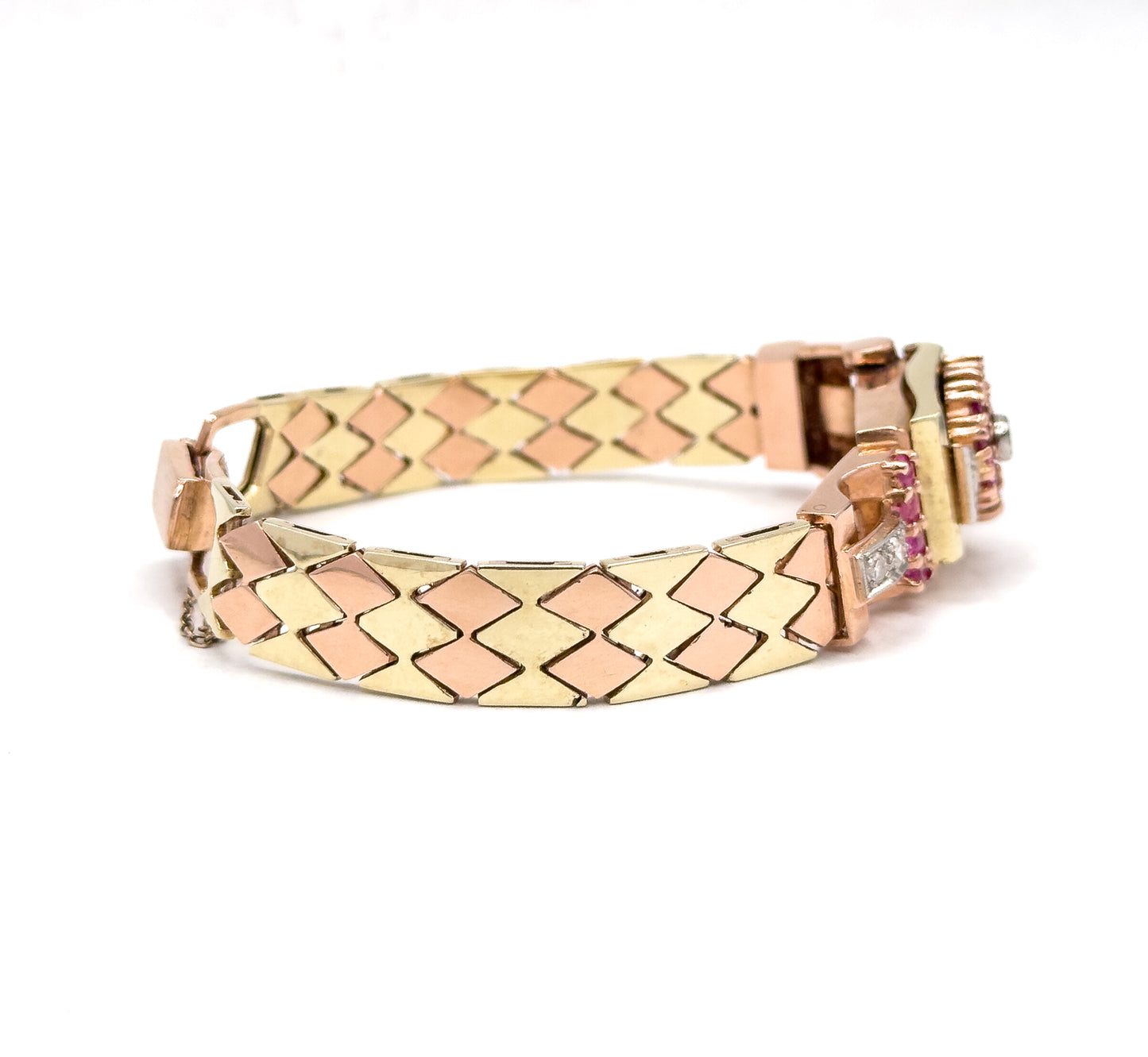 1940s Retro Era Ruby & Diamond Watch Case Bracelet in Rose & Yellow Gold
