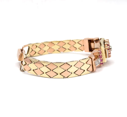 1940s Retro Era Ruby & Diamond Watch Case Bracelet in Rose & Yellow Gold