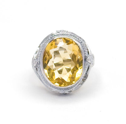Art Deco Citrine Bezel Filigree Ring in 14K White Gold