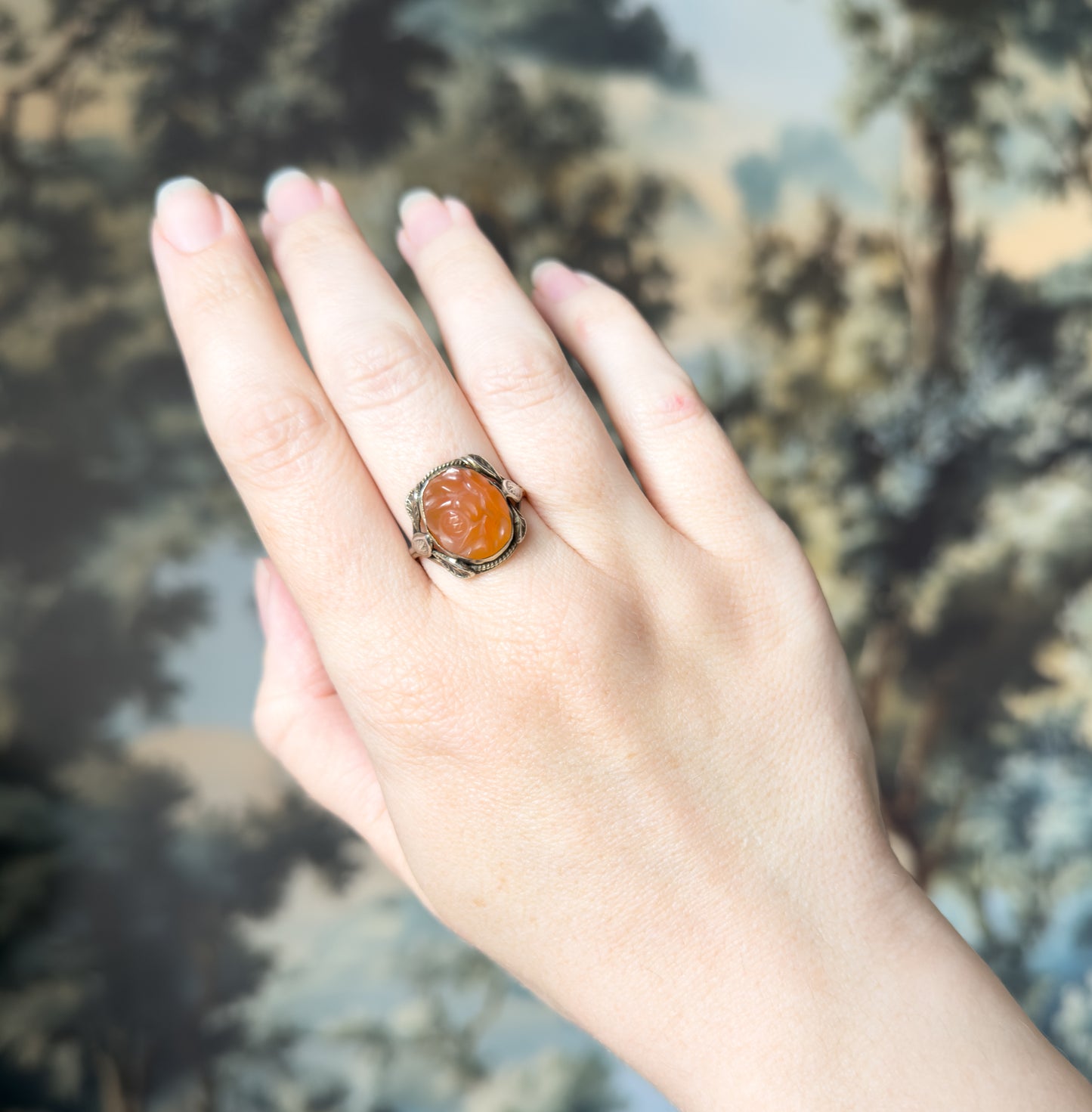 Art Nouveau Carved Hardstone Leaf Ring in Sterling Silver
