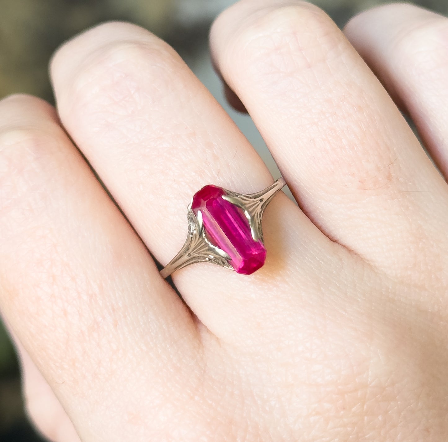 Art Deco Lab-Created Ruby Ring in 14K White Gold