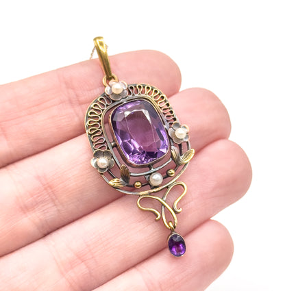 Art Nouveau Amethyst & Seed Pearl Necklace in 14K Yellow Gold