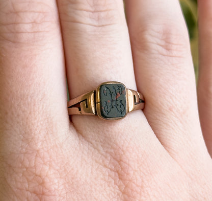 Victorian Bloodstone Signet Ring "H" in Rose Gold