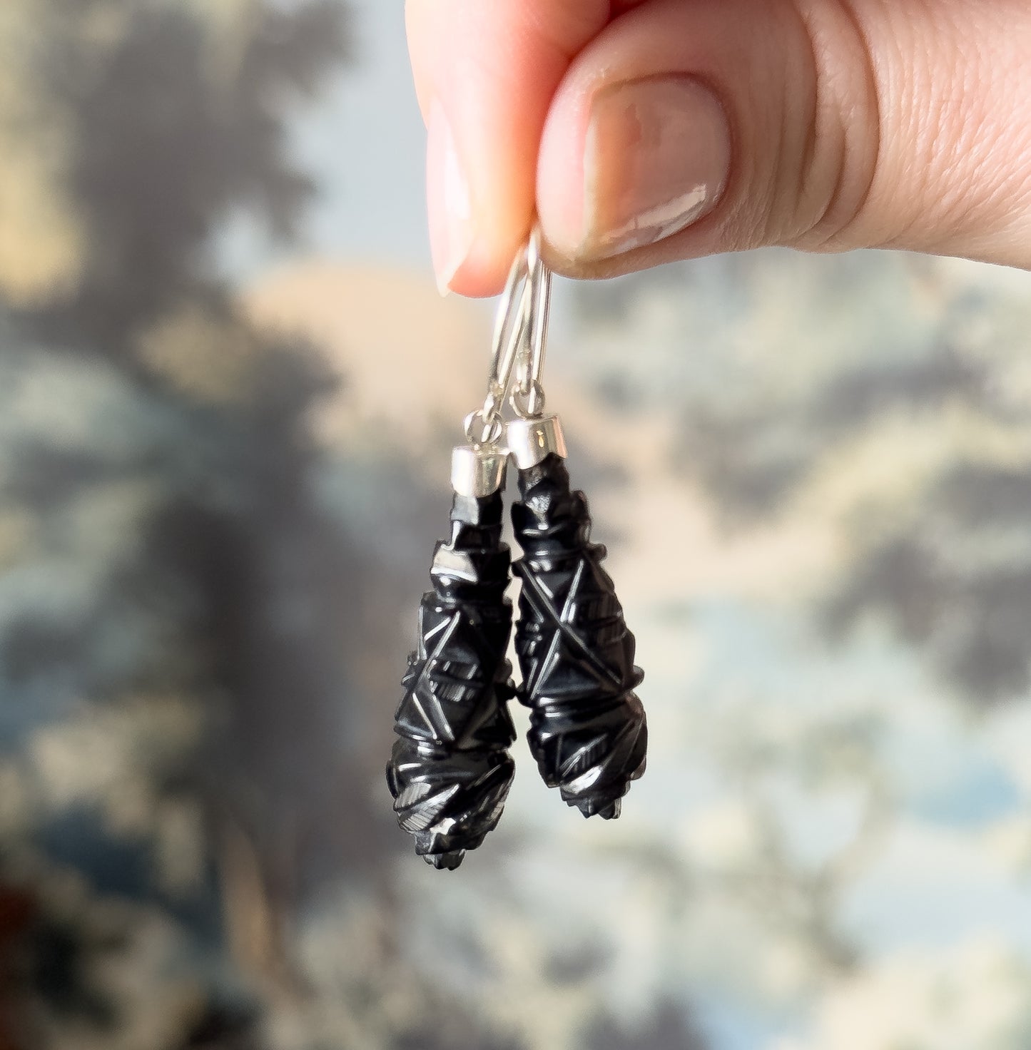 Victorian Carved Jet Drop Earrings in Silver