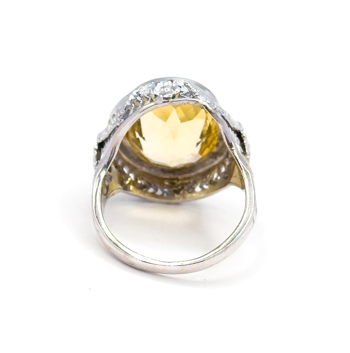 Art Deco Citrine Bezel Filigree Ring in 14K White Gold