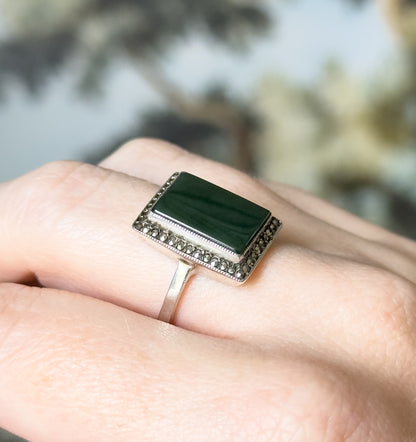 Vintage Nephrite Jade & Marcasite Halo Ring in Sterling Silver